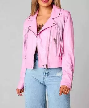 Стильная кожаная женская куртка Барби из овечьей кожи ручной работы с бахромой розового дизайна XS розовый