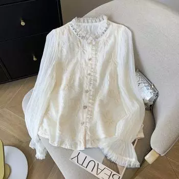 Стильная кружевная рубашка с бусинами и ажурным дизайном, женская весенняя блузка с кружевной отделкой M бежевый