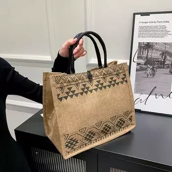 Стильная льняная сумка женская сумка-тоут богемная сумка через плечо большая вместительная сумка с геометрическим принтом сумка B