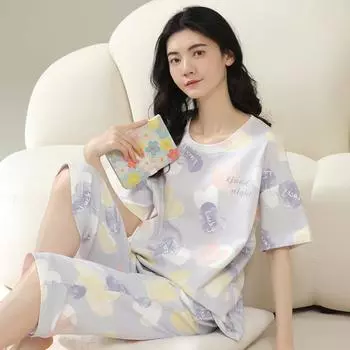 Стильная летняя женская пижама с нагрудником и короткими рукавами, брюки длиной семь дюймов, верхняя одежда для дома, повседневная одежда для сна XS