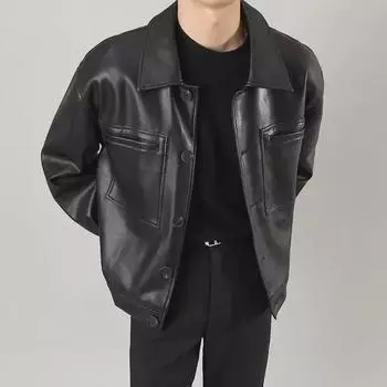 Стильная мужская черная кожаная куртка - 2023 корейский приталенный повседневный стиль M чёрный