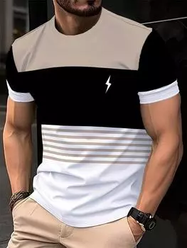 Стильная мужская футболка с 3D-принтом черного, белого и бежевого цветов — дышащий полиэстер, влагоотводящий, можно стирать в стиральной машине — идеально подходит для повседневных и праздничных образов S