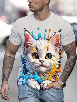 Стильная мужская футболка с 3D-принтом «Кот» — повседневная эластичная ткань, круглый вырез S