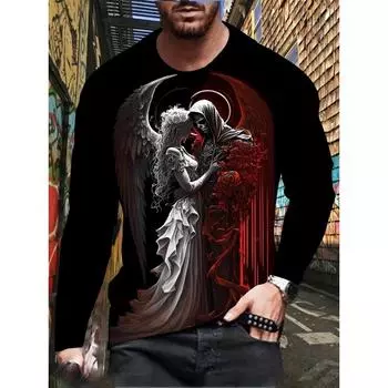 Стильная мужская футболка - Водолазка с длинным рукавом и принтом «Ангел и дьявол», повседневный трикотаж из полиэстера и эластана для ношения весной/осенью S