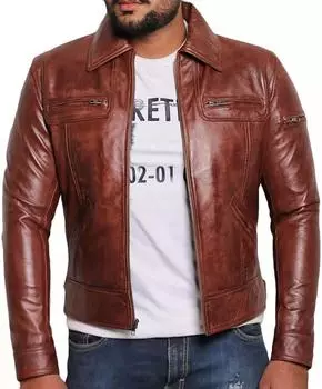 Стильная мужская куртка ручной работы из натуральной мягкой коричневой кожи в байкерском стиле из натуральной овчины S коричневый