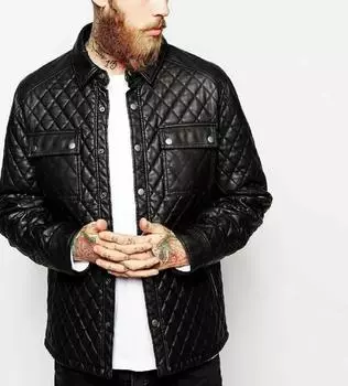 Стильная мужская рубашка из натуральной мягкой кожи черного цвета с стеганым узором, повседневная, ручная работа XS чёрный