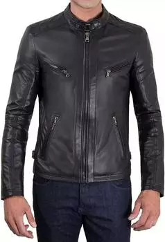 Стильная новая мужская куртка из натуральной кожи ягненка, черная байкерская куртка ручной работы XS чёрный