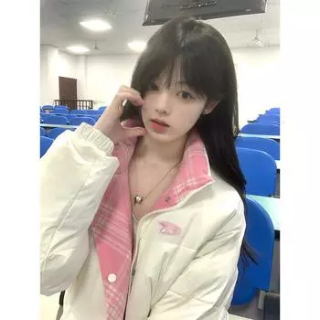 Стильная одежда из хлопка в двухстороннюю клетку нежно-розового молочного цвета, зимняя одежда для студентов со свободным воротником-стойкой, теплая куртка S [80-50kg] розовый