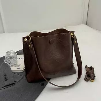 Стильная однотонная женская сумка через плечо из искусственной кожи, женская сумка-ведро в стиле ретро, большая вместимость, сумка через плечо чёрный