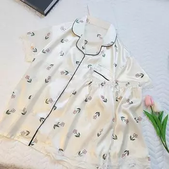 Стильная пижама с принтом цветов и растений для женщин, кружевная цветочная боковая часть, милая, из двух частей, для леди, новая летняя домашняя одежда M