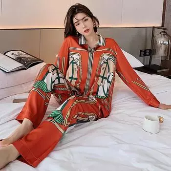 Стильная пижама женская с большим рукавом и принтом Ice Silk, пижамный комплект, домашняя одежда в корейском стиле M оранжевый