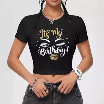 Стильная приталенная женская футболка с открытым пупком и принтом в виде букв XL чёрный