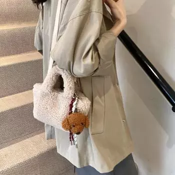 Стильная, простая и высококачественная плюшевая сумка 2024 года, новая ретро-нишевая сумка-ведро через плечо коричневый