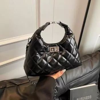 Стильная Простая Универсальная Тренд Нишевый Дизайн Ромбовый Замок Сумка Через Плечо Кроссбоди чёрный