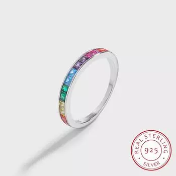 Стильная радужная коллекция, квадратные кольца с цирконом для женщин, оригинальные оригинальные украшения из стерлингового серебра S925, ювелирные изделия на День святого Валентина 6 разноцветный