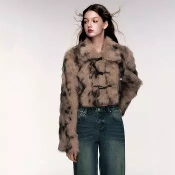 Стильная ретро милая и крутая короткая шуба с леопардовым принтом из искусственного меха с пряжкой из рога, женская осенне-зимняя теплая меховая верхняя часть из меха S