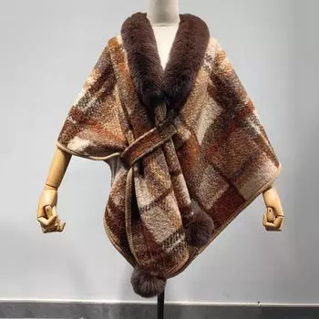 Стильная шаль из искусственного меха с клетчатым принтом для женщин, мягкая удобная теплая модная накидка-пончо большого размера для вечерней вечеринки, офиса, свадьбы розовый