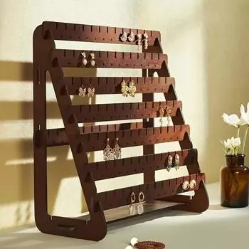 Стильная стойка для ювелирных изделий с деревянной полкой для сережек - треугольной формы с 8 перекладинами и множеством прорезей и отверстий, идеальное решение для хранения коричневый