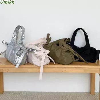 Стильная сумка на плечо с милым бантом, нейлоновая модная сумка для подмышек, большая вместительная повседневная сумка на плечо, однотонная для женщин и девочек серебряный