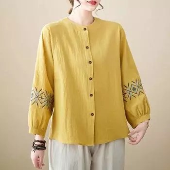 Стильная Свободная блузка с вышивкой в стиле фольклор, весна-осень, однобортная, базовая женская одежда, винтажная повседневная рубашка с круглым вырезом и длинными рукавами L белый