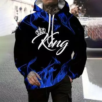 Стильная толстовка с капюшоном King Graphic Print, мужская повседневная толстовка с длинным рукавом и капюшоном для активного отдыха M синий