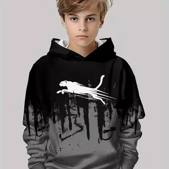 Стильная толстовка с капюшоном с 3D-принтом для мальчиков — повседневный свитер с длинными рукавами и карманом-кенгуру, эластичная смесь полиэстера 100
