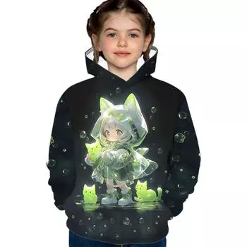 Стильная толстовка с капюшоном с рисунком кошек из мультфильма для девочек, уютный дизайн, зимняя уличная одежда, 3D-мультяшный узор, длинный рукав, стиль пуловера 100