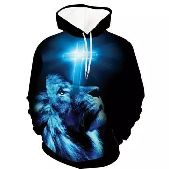Стильная толстовка с принтом льва, модные толстовки с капюшоном и карманом-кенгуру, повседневная толстовка с капюшоном с длинным рукавом для активного отдыха M синий