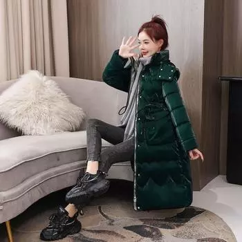 Стильная утепленная женская длинная хлопковая куртка, новое поступление зимы 2023 года, утепленное хлопковое пальто-пуховик выше колена, популярная хлопковая парка L зелёный