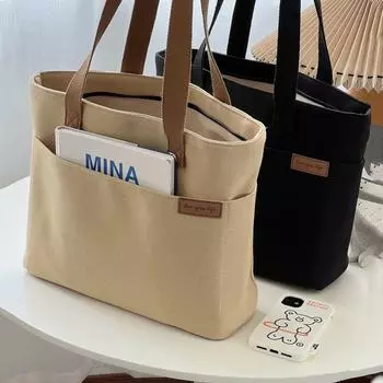 Стильная утолщенная сумка-тоут из парусины для поездок на работу - простая и универсальная литературная сумка через плечо Rivet black чёрный