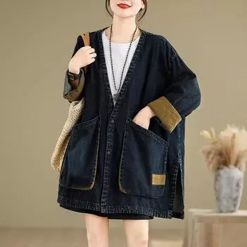 Стильная винтажная куртка свободного кроя с V-образным вырезом и большим карманом для женщин M