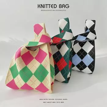 Стильная вязаная контрастная ромбовидная сумка на одно плечо с большой вместимостью