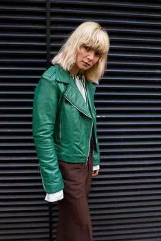 Стильная зеленая байкерская мото-куртка ручной работы из натуральной овечьей кожи, повседневная XS зелёный