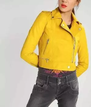 Стильная желтая женская куртка из натуральной овчины, байкерская мотоциклетная куртка ручной работы XS жёлтый