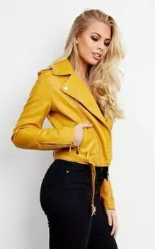 Стильная ЖЕЛТАЯ женская мотоциклетная куртка ручной работы из натуральной овечьей кожи XS жёлтый