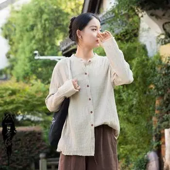 «Стильная женская блузка-рубашка из хлопка и льна с бамбуковым ворсом, двухслойная, весна/лето 2025 года» One Size