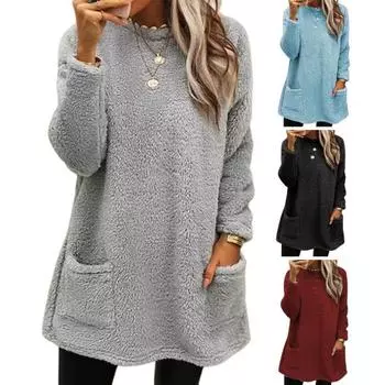 Стильная женская флисовая дубленка с карманом средней длины, утолщенная однотонная теплая зимняя верхняя одежда с капюшоном L светло-серый