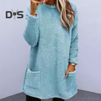 Стильная женская флисовая куртка из овчины с карманом средней длины, утолщенная однотонная теплая зимняя верхняя одежда с капюшоном M армия зеленый