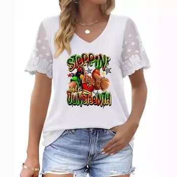 Стильная женская футболка больших размеров с V-образным вырезом, короткими рукавами и кружевными деталями на лето S