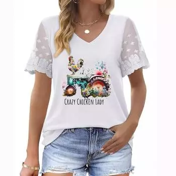 Стильная женская футболка больших размеров с V-образным вырезом, короткими рукавами и кружевными деталями на лето S