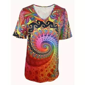 Стильная женская футболка с абстрактным V-образным вырезом — смелый этнический принт, короткие рукава, дышащий комфорт — идеально подходит для повседневной носки весной и летом S