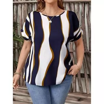 Стильная женская футболка с изогнутыми полосками и принтом, футболка больших размеров, летняя женская одежда, негабаритная блузка с круглым вырезом 4XL 4XL