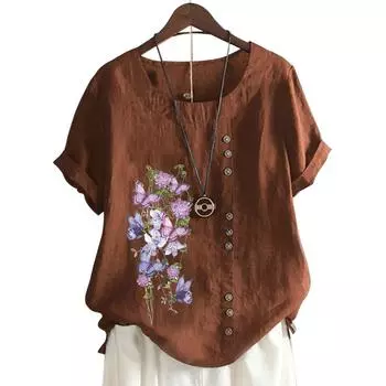 Стильная женская хлопковая повседневная футболка с 11 узорами и пуговицами S озеро синий