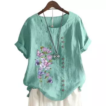 Стильная женская хлопковая повседневная футболка с 11 узорами и пуговицами S озеро синий