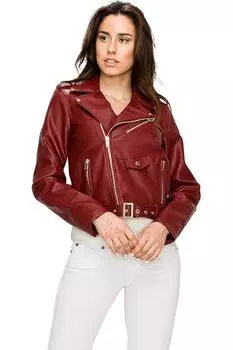 Стильная женская куртка ручной работы из натуральной овчины бордового цвета в байкерском стиле из мягкой кожи S бордовый