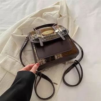 Стильная женская сумка в клетку в стиле ретро, маленькая квадратная женская сумка, рюкзак коричневый