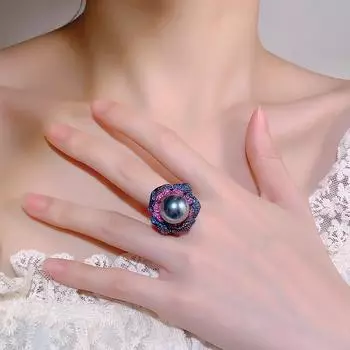 Стильное атмосферное трехмерное кольцо с цветочным жемчугом, австралийские белые, желтые бусины, серые бусины, открытое кольцо, слегка украшенное красным и синим кольцом