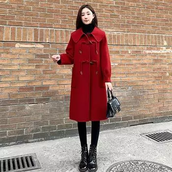 Стильное и элегантное красное шерстяное пальто с роговыми пряжками для свадеб и модных женщин M чёрный