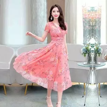 Стильное и элитное платье с цветочным принтом для мам: Короткий рукав, дизайн с прикрытием живота, очаровательные принты M розовый