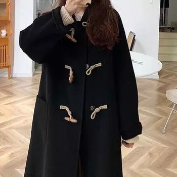 Стильное и модное однотонное шерстяное пальто с роговыми пуговицами для осени и зимы M чёрный